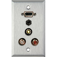 1-Gang Wall Plates with HD 15-Pin F-Barrel/3 RCA Barrels/1 Mini Jack 3.5mm feedthru Connector.