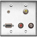 2-Gang Wall Plates with Three PF-PFCM RCA Feed-Thru Connectors- One HD15 Feed-Thru Connector & One 3.5 Mini Feed Thru Connector