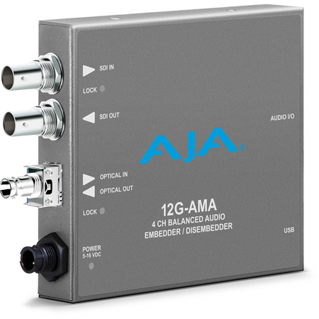 AJA 12G-AMA-T-ST 12G-SDI Mini Converter with 4-Channel Audio Embed/Disembed - ST Fiber Transmitter