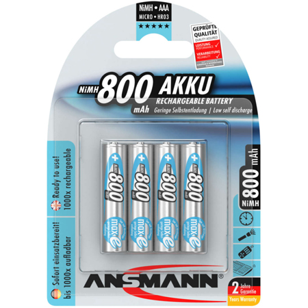 Ansmann 5035042 Size AAA Max E Plus 800 mAh Rechargeable Batteries - 4 Pack  Blister