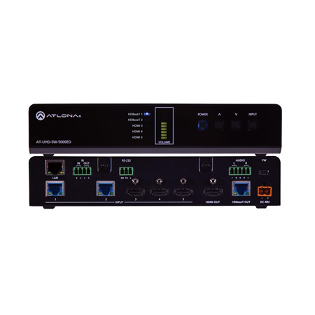 Atlona AT-UHD-SW-5000ED 4K/UHD 5 Input HDMI Switcher with Two HDBaseT Inputs and Mirrored HDMI/ HDBaseT Outputs
