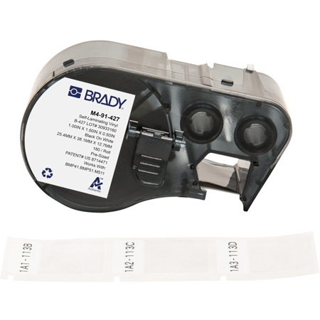 Brady M4-91-427 Self-Laminating Vinyl Wrap Around Labels with Ribbon for BMP41 and BMP51 Printers - 1.5in x 1in - White