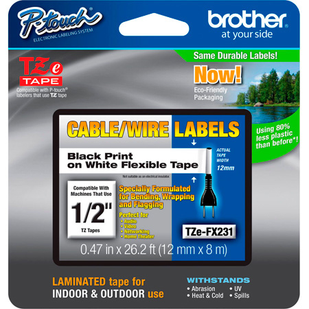 Brother TZeFX231 0.47in x 26.2 ft (12mm x 8m) Black on White Flexible ID