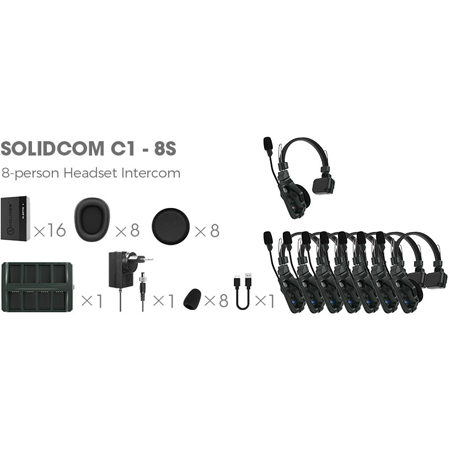 Hollyland SOLIDCOM C1-8S Full Duplex Wireless Intercom System with 8 Headsets and Hub - 1000 Foot Line-of-Sight