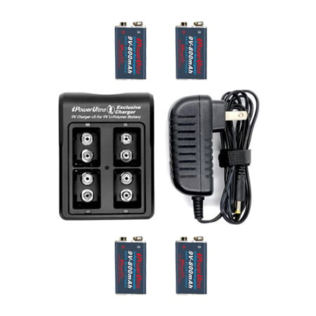 iPower 4 Bay 9-Volt Battery Charger with Four (4) 9-Volt 800 mAhr Lithium Polymer Batteries
