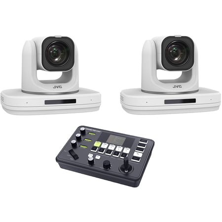 JVC Two KY-PZ510N Ultra Wide 4K60P NDI/HEVC Auto-Tracking PTZ Cameras w/ RM-LP5G Controller - 3G-SDI/HDMI/USB/IP - White