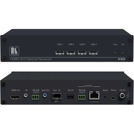 Kramer 692 4K60 4:2:0 HDMI MM/SM Fiber Optic Receiver w/USB/Ethernet/RS-232/IR/Stereo Audio De-embedding