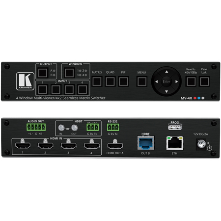 Kramer MV-4X 4K 4 Window Multi-Viewer/4x2 Seamless Matrix Switcher with 4 HDMI Inputs & HDBT/HDMI Outputs