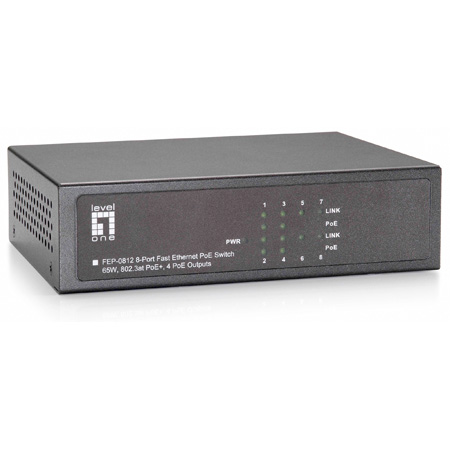 LevelOne FEP-0812 8-Port Fast Ethernet PoE Switch - 802.3at/af PoE - 4 PoE Outputs - 65W