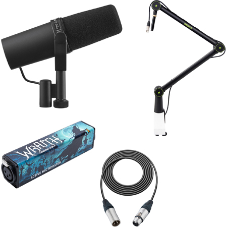 Shure SM7B Dynamic Cardioid Vocal Mic Kit w/ SESCOM Wraith +22dB Inline Mic Preamp & Shure Deluxe Articulating Mic Boom