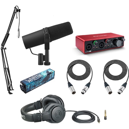 Shure SM7B Podcast Creators Kit w/ Focusrite Scarlett 2i2 Interface/Gator Mic Boom Arm/Audio-Technica M20x Headphones