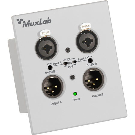 MuxLab 500558 Dante 2-Channel XLR Wall-Plate with 2 XLR Balanced Inputs/Outputs - White