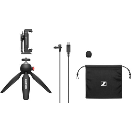 Sennheiser XS Lav USB-C Mobile Mic Kit - XS Lav USB-C Clip-On Lavalier Mic/Smartphone Clamp & Manfrotto PIXI Mini Tripod