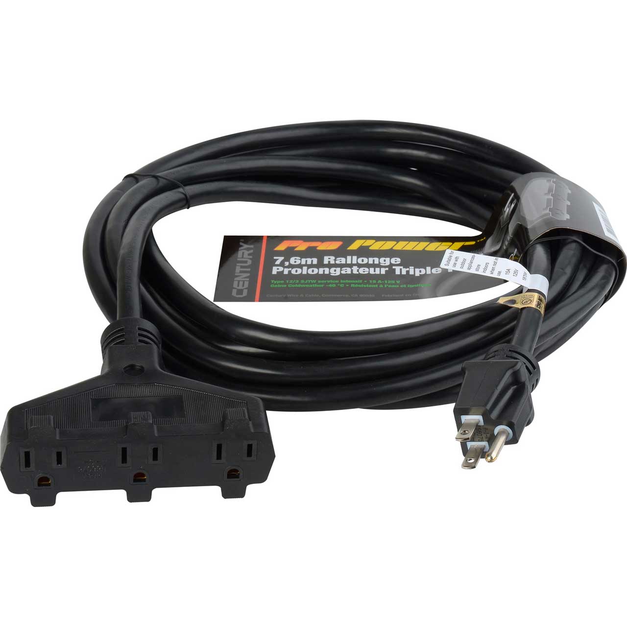 Milspec D15623050 ProPower Tri-Tap Cordset 12/3 AC Extension Cord Black 50 Foot
