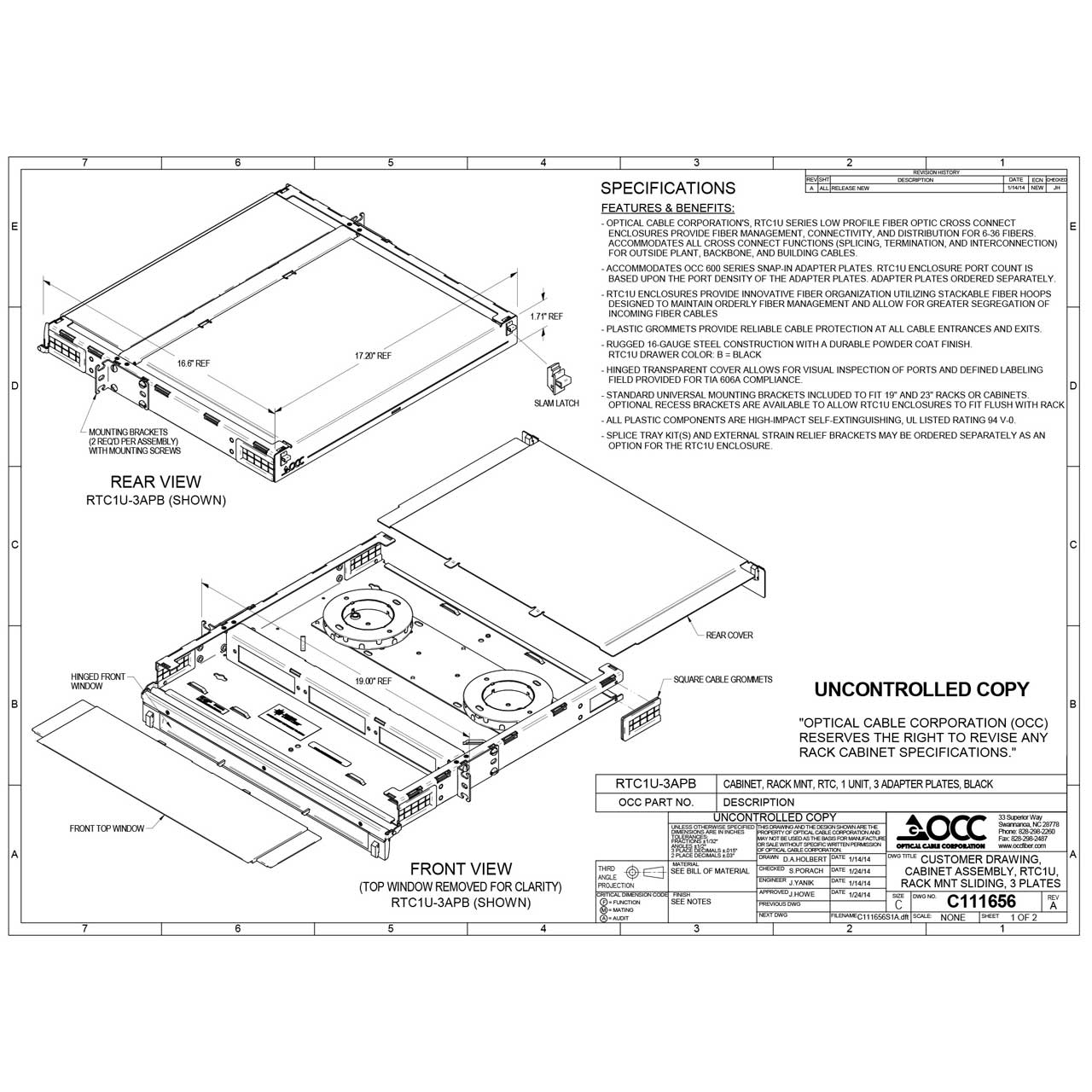 OCC RTC1U-3APB RTC Series - Rack Mount Fiber Enclosures