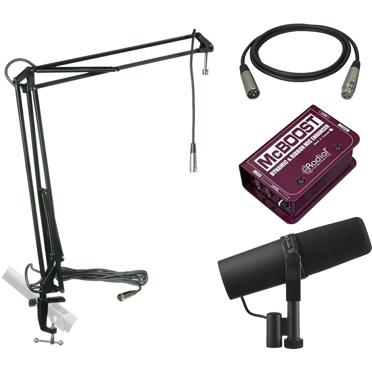 Shure SM7B Mic Kit with Radial McBoost and MXL BCDSTAND Mic Boom Arm With 12ft Mic Cable