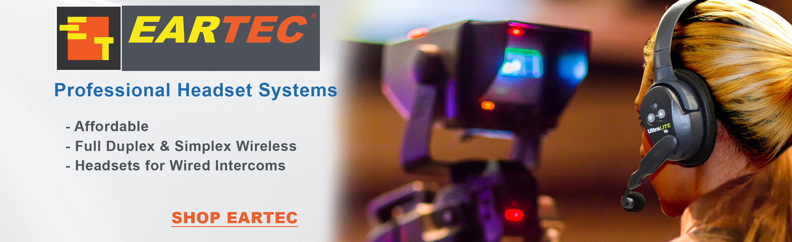 Eartec Intercom affordable headsets for wired intercoms or full duplex & simplex wireless available at Markertek
