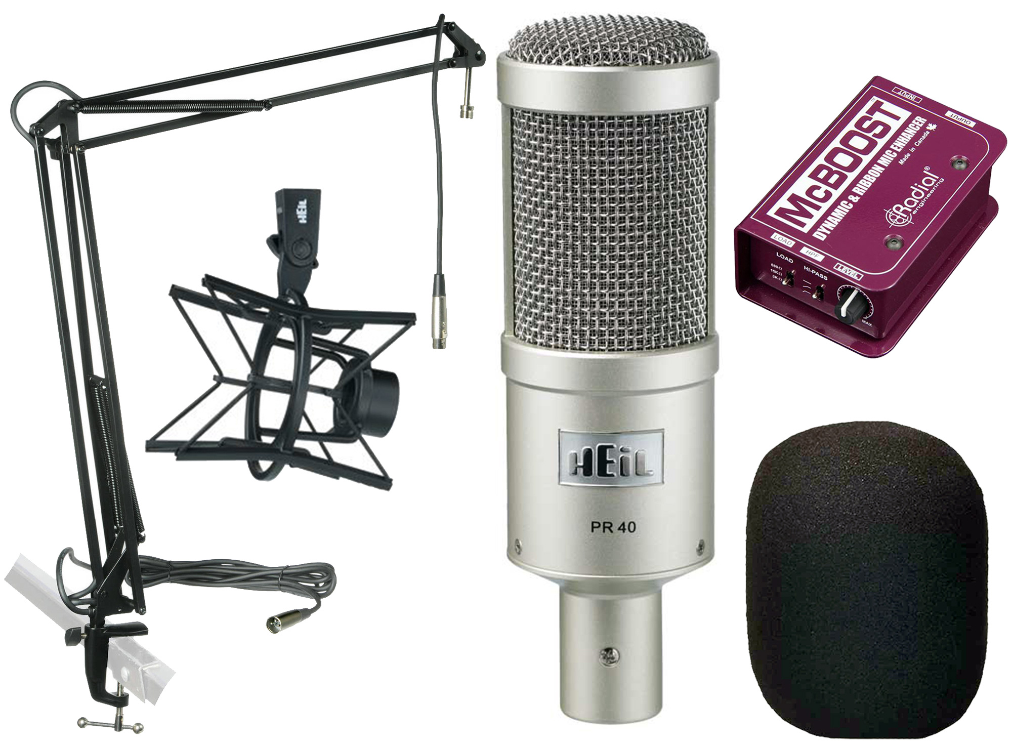 A Heil PR40 Mic Kit with PRSMB Shock Mount Radial McBoost MXL BCD