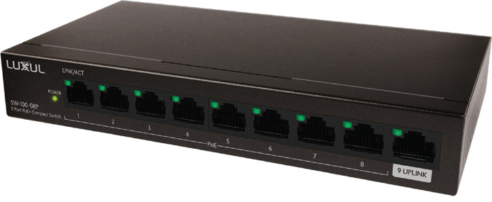 Luxul SW-100-08P 8-Port Gb PoE Unmanaged Ethernet Switch with Uplink - 92 Watt LUXU-SW-100-08P