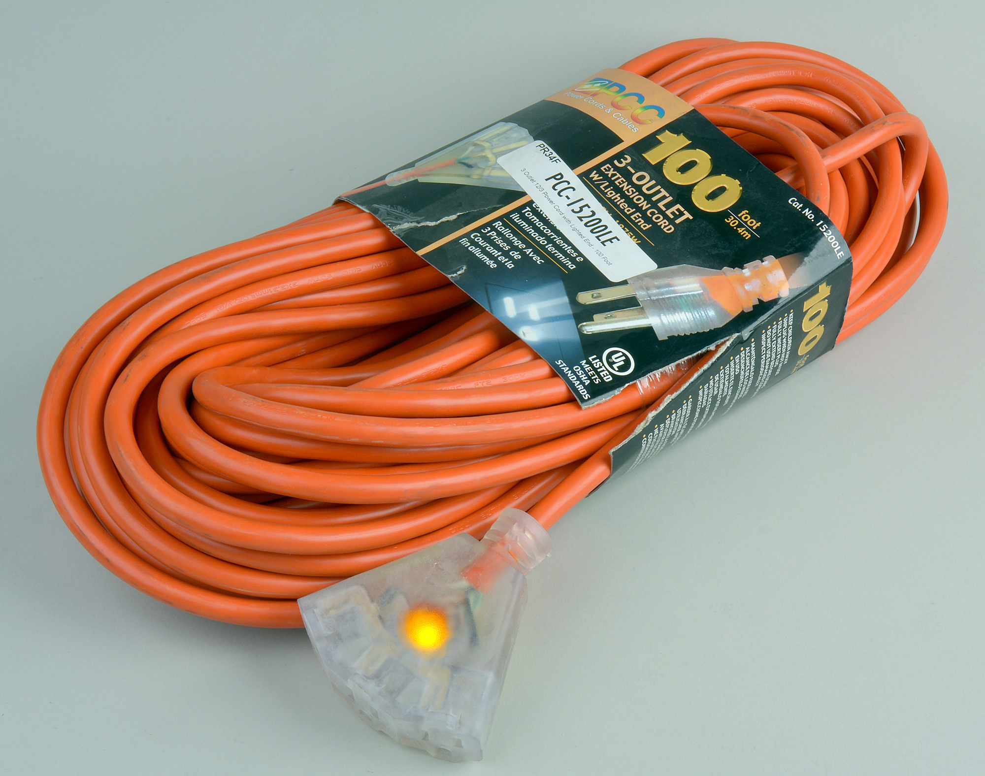 3 Outlet 12/3 Power Cord with Lighted End 100 Foot