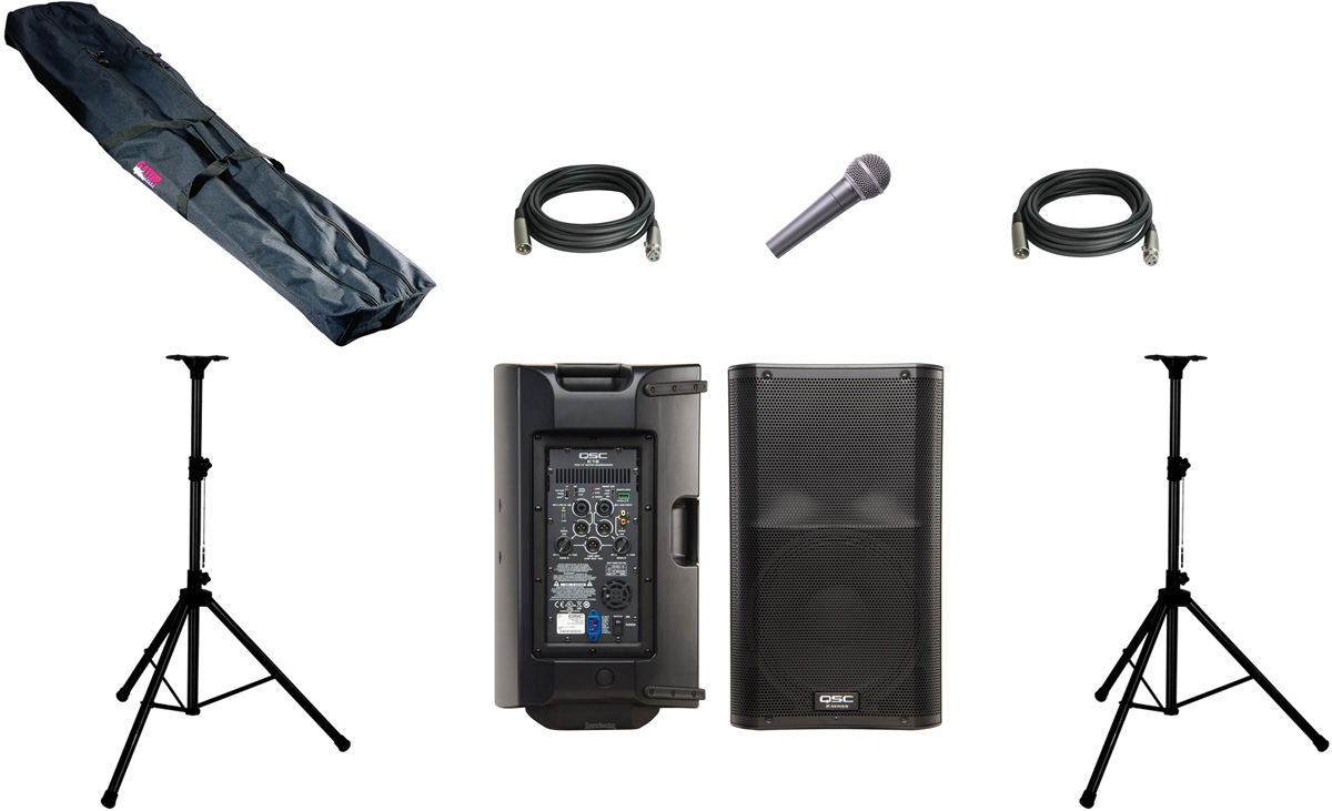 PA System 2 QSC K12 2way Powered Loudspeaker 2 Stands & Bag 2 Cables 1 Mic