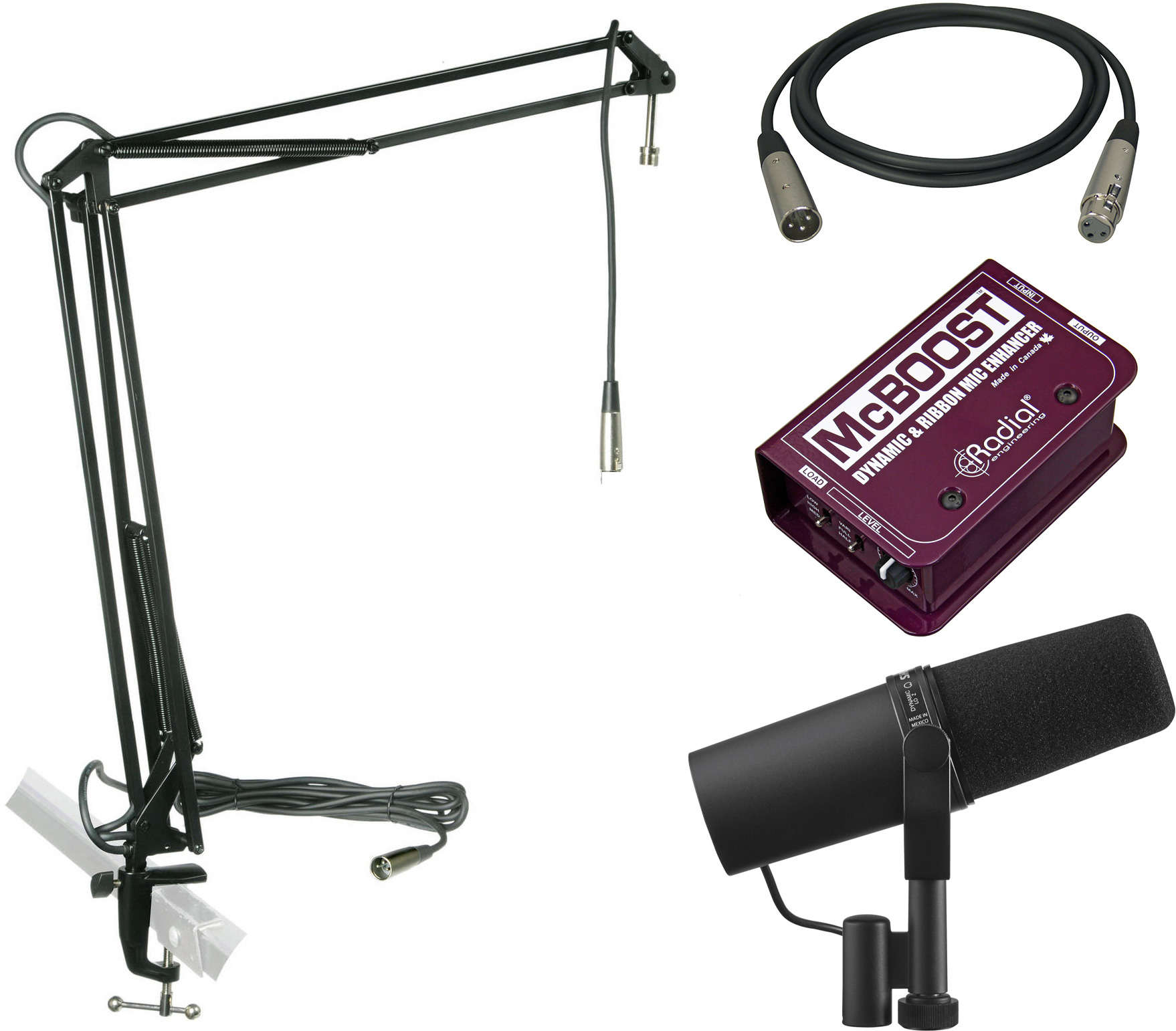 Shure SM7B Mic Kit with Radial McBoost and MXL BCDSTAND Mic Boom Arm