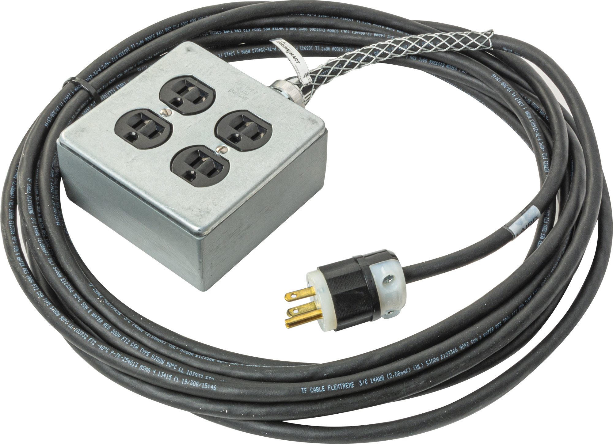 Heavy Duty 15 Amp 14/3 AC Power Extension Cord with Quad Box 50 Foot