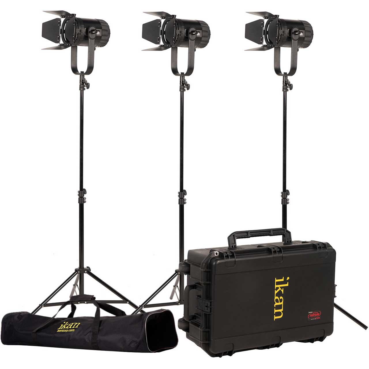 ikan SFB150-3PT-KIT 3-Point Kit with 3 x Stryder 150 Watt Fresnel Bi-Color LED Studio Light w/ DMX and Hard Case IKAN-SFB1503PTKT