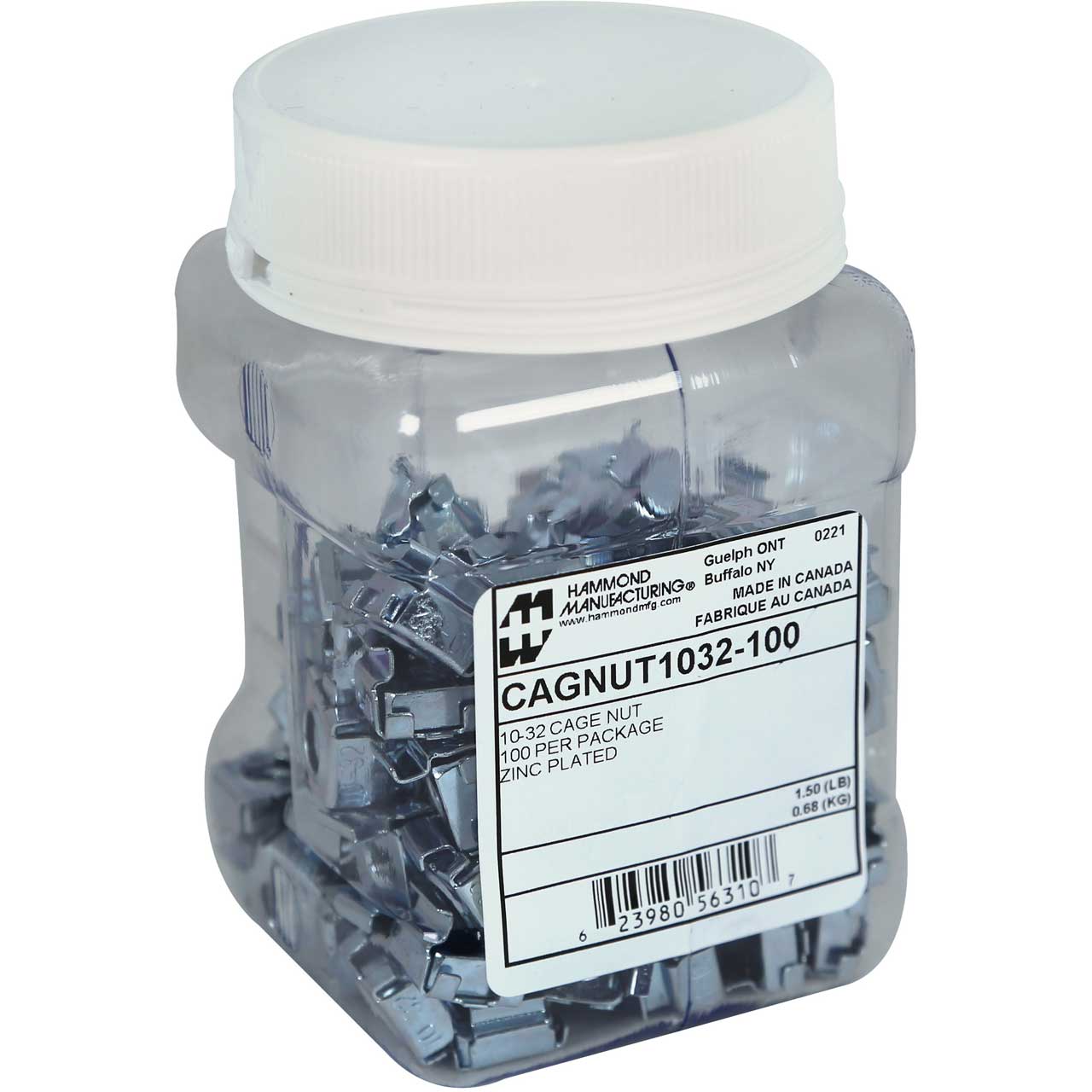 Hammond CAGENUT1032-100 10-32 Cage Nuts for Square Hole Punched Rack Rails - 100 Pack in Plastic Jar CAGNUT1032-100