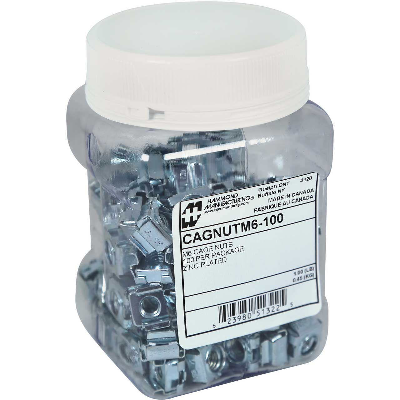 Hammond CAGNUTM6-100 Rear Loading M6 Cage Nuts in Plastic Jar - 100/Pack CAGNUTM6-100