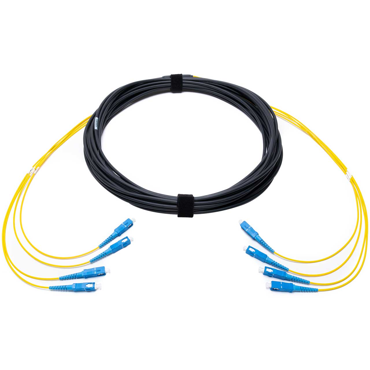 SC-UPC 4 Fiber Single Mode Fiber Cable Indoor/Outdoor LSZH 2mm 24inch Yellow Numbered Legs with Pulleye - 15 Meter