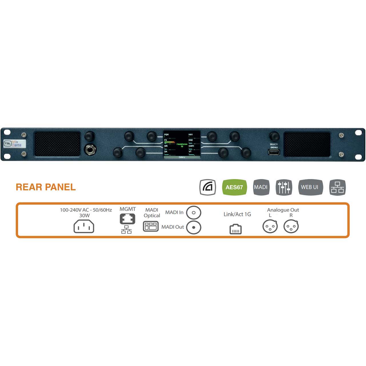 restante Humildad Insatisfecho TSL MPA1-MIX-DANTE-V-1 1RU Dante/AES67 and MADI Audio Mixing Monitor with  Front Panel Display