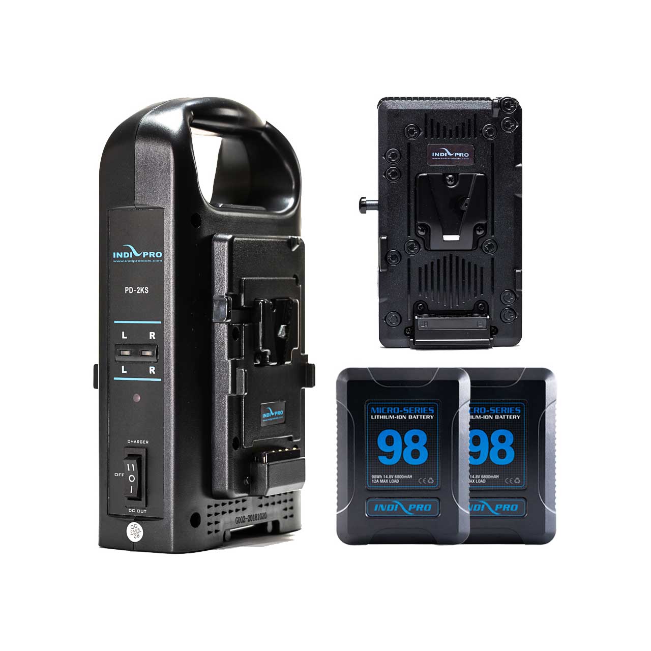Micro series. INDIPRO Tools 2 x Micro-Series 98wh li-ion v-Mount Batteries with Dual v-Mount Battery Charger Kit