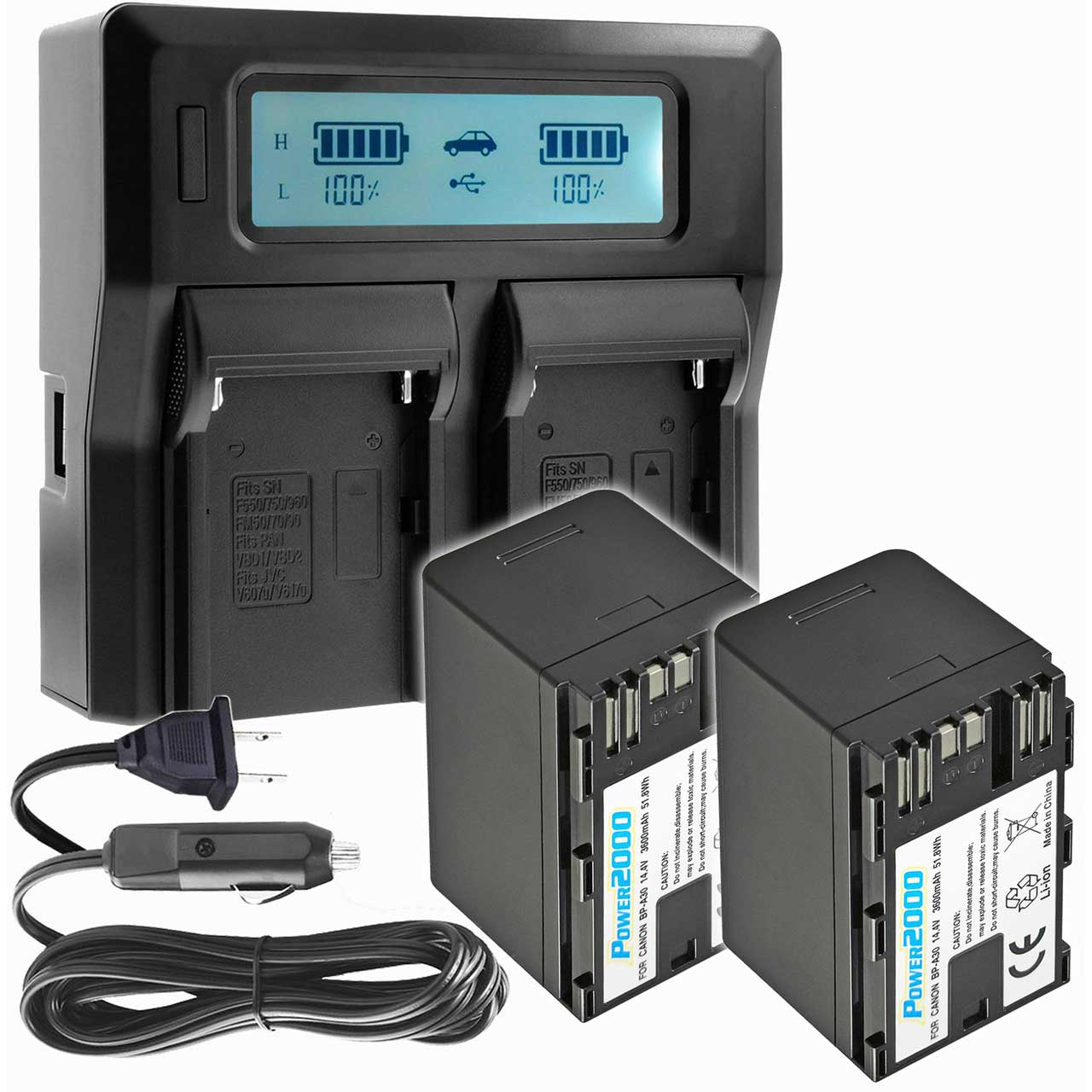 Vidpro Power2000 Model ACD-7982BC Dual Bay LCD Charger for Canon BP-A30 with 2 x Li-Ion Batteries and Charger ACD-7982BC