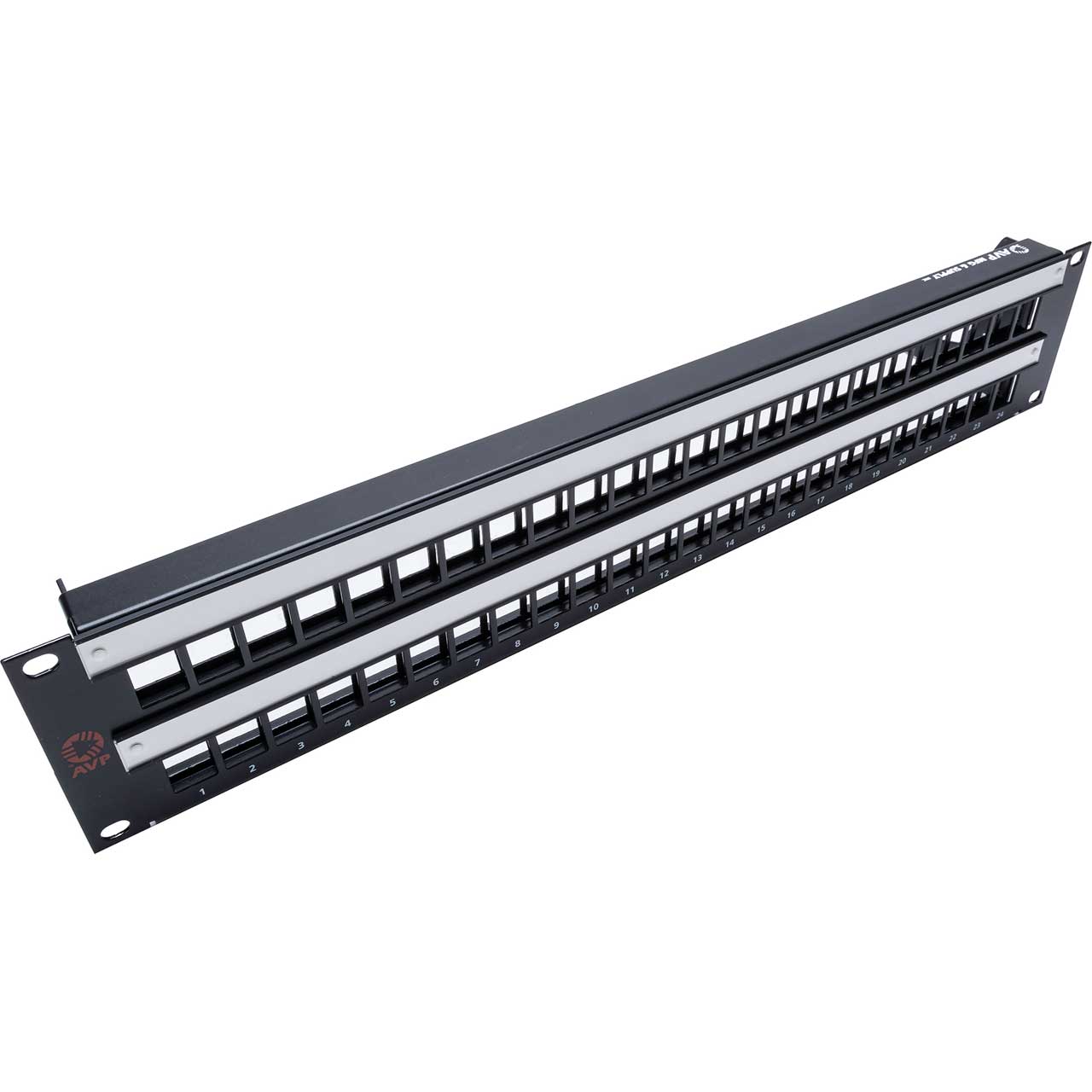 AVP WK-YR224E2-Z-B40 2RU 2x24 Unloaded Keystone Patch Panel with 2 Front Designation Strips - 4 inch Cable Bar - Black