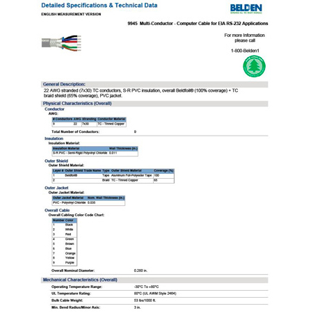 Belden 9945 Non-Paired Computer Cable for EIA RS232 Applications - 500 Foot