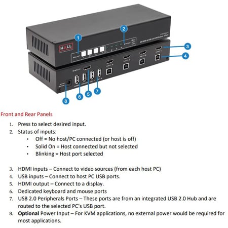 Hall Technologies KVM-HDU-4 4-Port HDMI KVM Switch with USB 2.0 and 4K ...