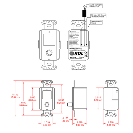 RDL DB-NVC2 Single Gang Dante/AES67 Network Rotary Volume Control PoE ...