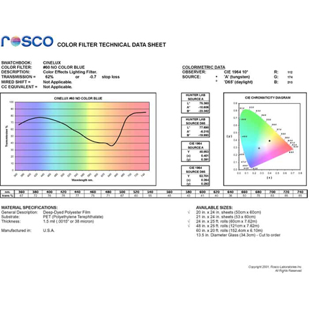 Rosco R60 No Color Blue Supergel Filter 20 In x 24 In Sheet