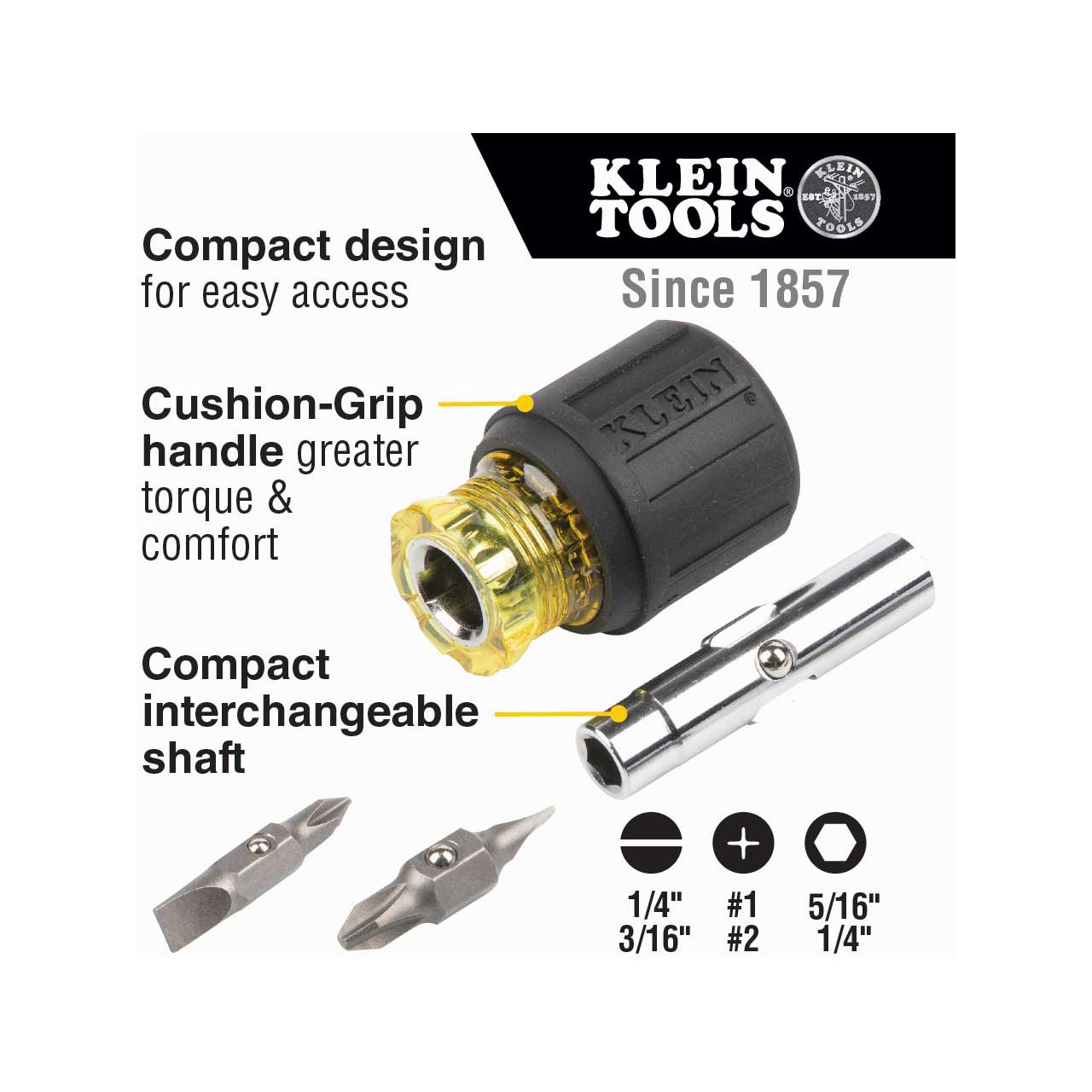 Klein Tools 32561 6-in-1 Multi-Bit Stubby Screwdriver Nut Driver