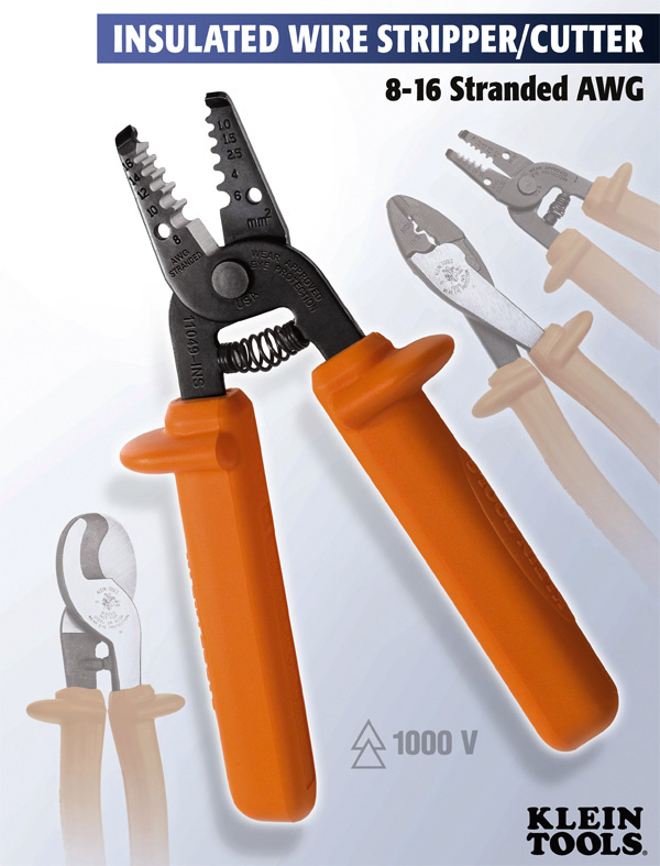 Klein 1000V 11049INS Insulated Wire Stripper/Cutter For 8-16AWG Strand