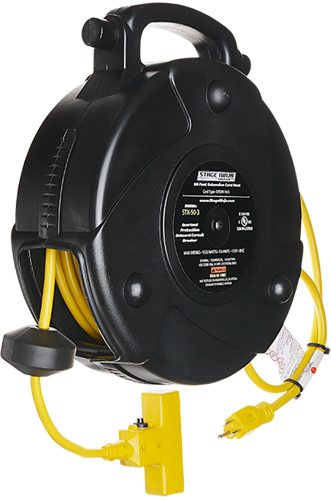 Stage Ninja STX-50-3 50 ft Retractable Power Reel with 3-Tap Head and