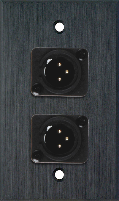 1G Black Anodized Aluminum Wall Plate with 2 Plastic 3-Pin Male XLRs