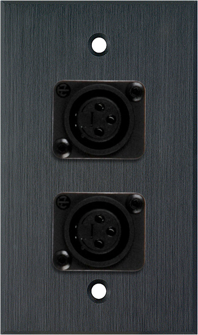 1G Black Anodized Wallplate w/2 Plastic Latchless 3-Pin Female XLR