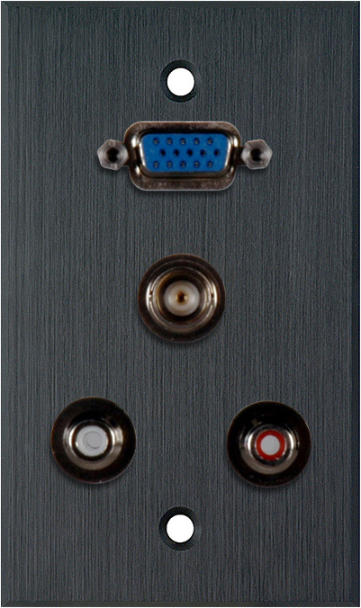 1G Black Anodized Wall Plate w/1 HD15 VGA/2 RCA Barrels & 1 BNC Barrel