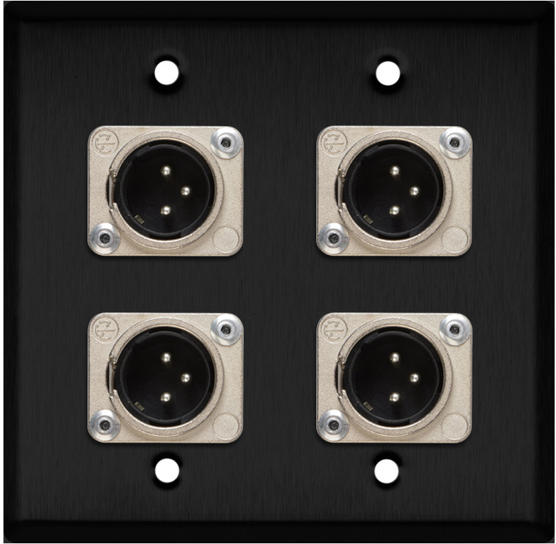2-Gang Black Anodized Wall Plate w/4 Neutrik XLR 3-Pin Male Connectors