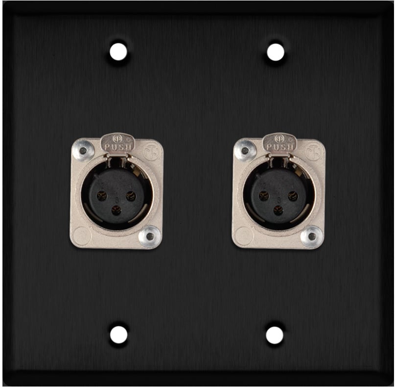 2-Gang Black Anodized Wall Plate w/2 Neutrik Latching 3-Pin XLR-Fs