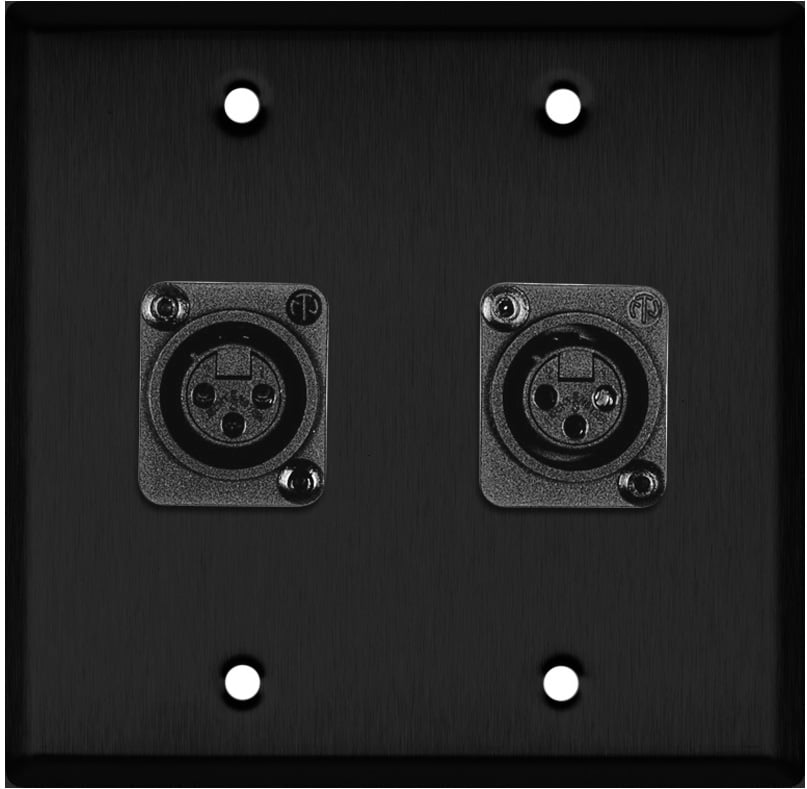 2-Gang Black Anodized Wall Plate w/2 Plastic Latchless 3-Pin XLR-Fs
