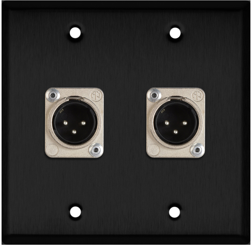 2-Gang Black Anodized Wall Plate w/2 Neutrik XLR 3-Pin Male Connectors