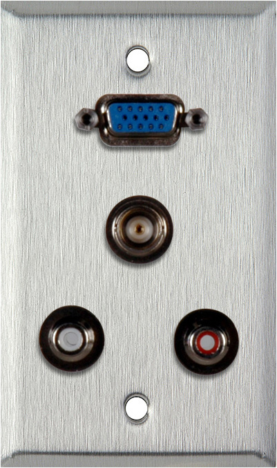 1G Stainless Wall Plate w/1 HD15 VGA/2 RCA Barrels & 1 BNC Barrel